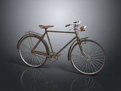Vintage Bicycle With Brown Leather Seat Green Accents Metal Frame And Front Light 3d model
