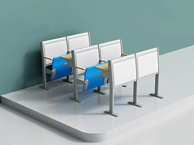 White Public Chairs with Blue Cushions Wooden Desks and Metal Frames on Platform 3d model