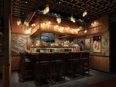 Traditional Japanese Restaurant Interior With Wooden Bar Counter Hanging Lanterns And Fresh Ingredients 3d model