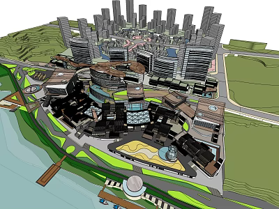 Modern Commercial Street With High Rise Buildings Green Spaces And Waterfront Plazas 3d model