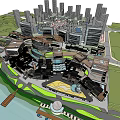 Modern Commercial Street With High Rise Buildings Green Spaces And Waterfront Plazas