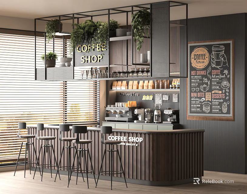 Modern Café Interior With Coffee Counter Bar Stools Hanging Plants Coffee Machines And Chalkboard Menu 3d model 