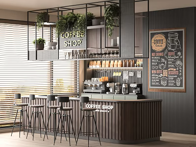 Modern Café Interior With Coffee Counter Bar Stools Hanging Plants Coffee Machines And Chalkboard Menu 3d model