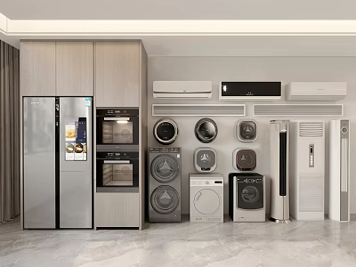 Modern Washing Machines Display With Refrigerator Oven And Other Home Appliances 3d model