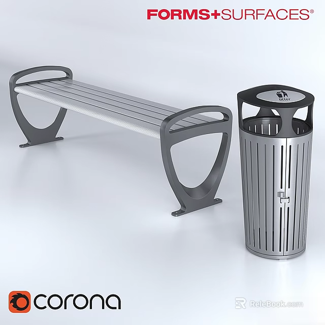 Ground With Modern Metal Bench And Trash Can For Outdoor Spaces 3d model 