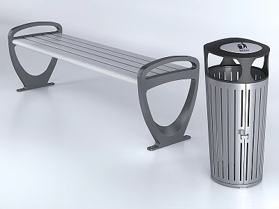Ground With Modern Metal Bench And Trash Can For Outdoor Spaces 3d model