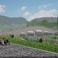Scenic Stone Arch Bridge With Mountain View Lush Trees Lotus Pond People Walking Relaxing Nearby