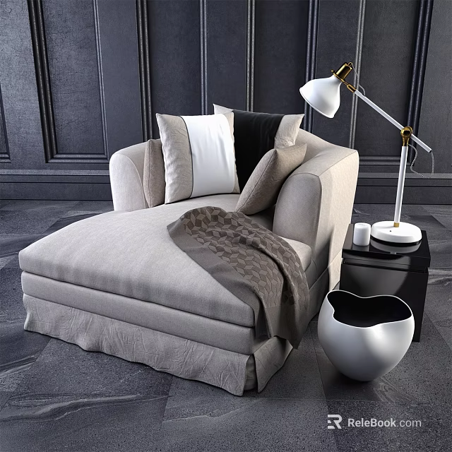 Modern Light Gray Upholstered Chaise Lounge With Throw Pillows Knitted Blanket Table Lamp And Vase 3d model 