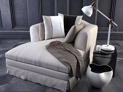 Modern Light Gray Upholstered Chaise Lounge With Throw Pillows Knitted Blanket Table Lamp And Vase 3d model