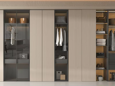 Modern Wardrobe Design With Glass Door Storage Areas Hanging Clothes And Folded Garments 3d model