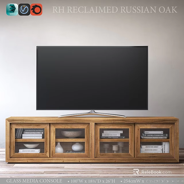 Wooden TV Stand With Glass Doors Containing Bowls Plates And Books For Food Serving 3d model 