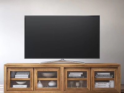 Wooden TV Stand With Glass Doors Containing Bowls Plates And Books For Food Serving 3d model