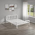 White Double Bed Frame In Bedroom With Wooden Floor And Window Curtains