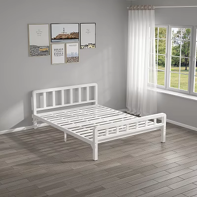 White Double Bed Frame In Bedroom With Wooden Floor And Window Curtains 3d model