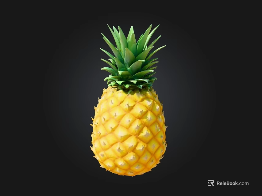Fresh Yellow Pineapple with Green Leafy Top and Spiky Skin on Black Background 3d model 