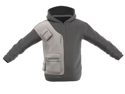Color Block Gray Light Gray Hoodie with Multiple Functional Pockets and Hooded Design 3d model