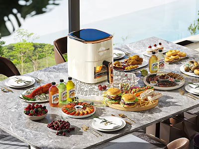Modern Dining Table Set With Assorted Dishes Air Fryer And Scenic Outdoor View 3d model