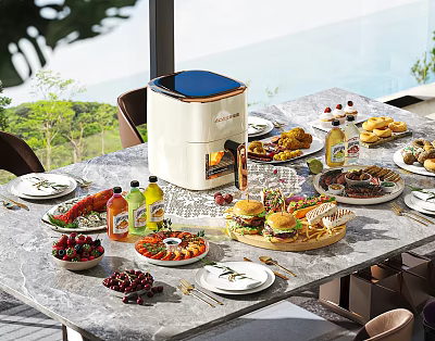 Modern Dining Table Set With Assorted Dishes Air Fryer And Scenic Outdoor View 3d model