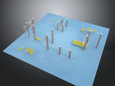 Outdoor Fitness Playground Setup With Blue Floor Yellow Mats And Pole Structures 3d model