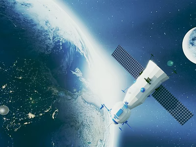 Colorful Cartoon Space Scene With Earth Orbiting Satellite Moon And Stars 3d model