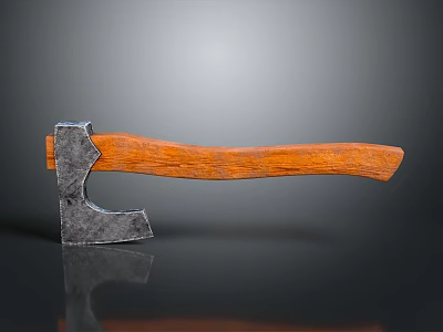 Vintage Weapon Axe With Metal Head And Wooden Handle On Reflective Dark Surface 3d model