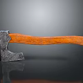 Vintage Weapon Axe With Metal Head And Wooden Handle On Reflective Dark Surface