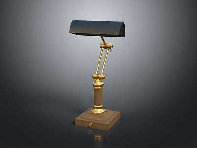 Elegant Lamp Combination With Gold Metal Arm Wooden Base And Black Lampshade Design 3d model