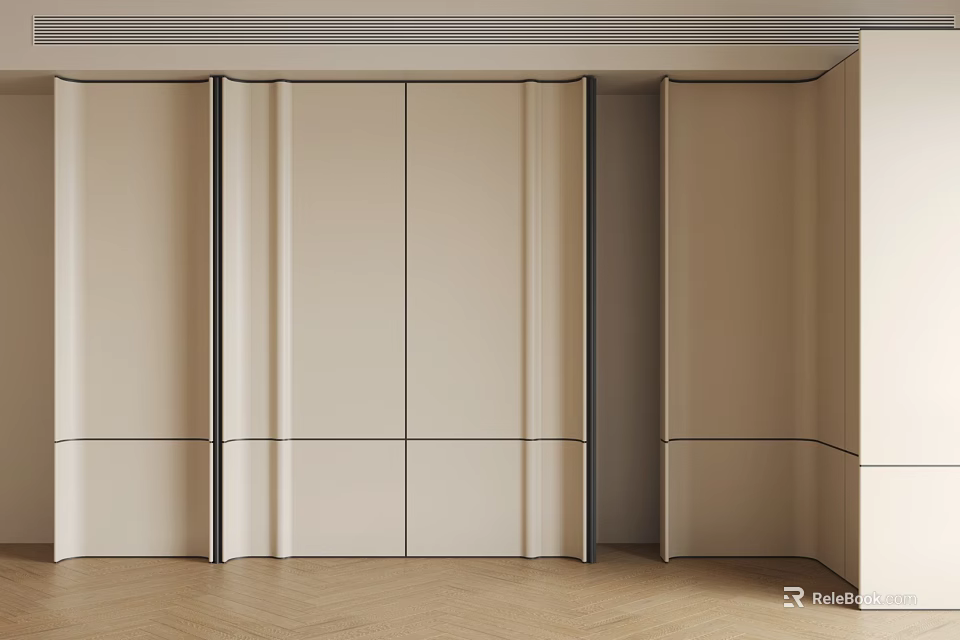 Modern Beige Wall Design With Folding Panel Doors And Herringbone Wood Floor 3d model 