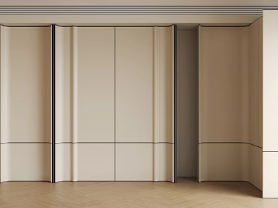 Modern Beige Wall Design With Folding Panel Doors And Herringbone Wood Floor 3d model