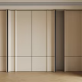 Modern Beige Wall Design With Folding Panel Doors And Herringbone Wood Floor