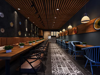 Warm Restaurant Interior With Wooden Ceiling Pendant Lights Long Tables Blue Chairs And Patterned Tiles 3d model