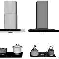 Silver And Black Kitchen Range Hoods With Pots Kettles On Stove Appliances