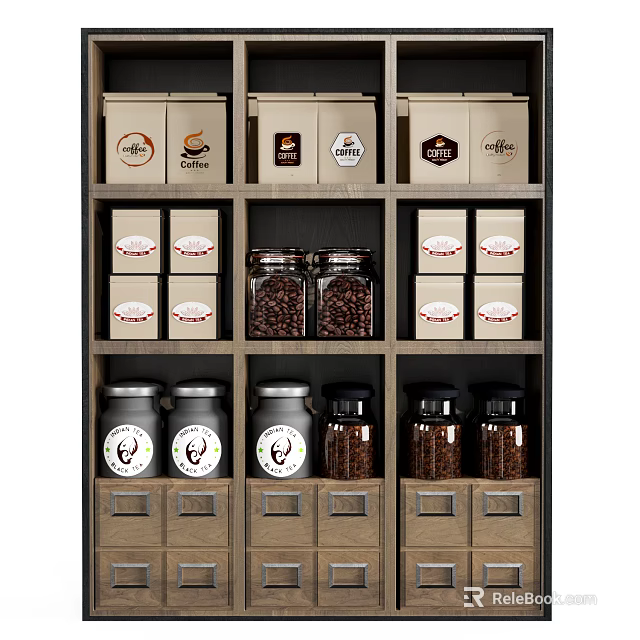 Organized Retail Display Shelf With Coffee Boxes Glass Jars Coffee Beans And Drawers 3d model 