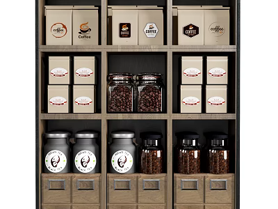 Organized Retail Display Shelf With Coffee Boxes Glass Jars Coffee Beans And Drawers 3d model