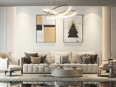 Modern Living Room Sofa Coffee Table Set With Beige Cushions Round Table Geometric Wall Art 3d model