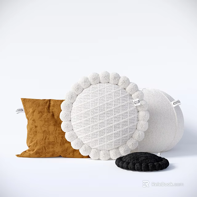 Assorted Decorative Pillows With Brown Textured Pom Pom Trim White Round And Small Black Designs 3d model 