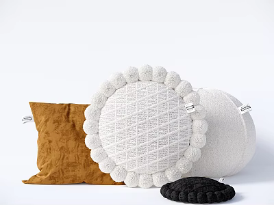 Assorted Decorative Pillows With Brown Textured Pom Pom Trim White Round And Small Black Designs 3d model