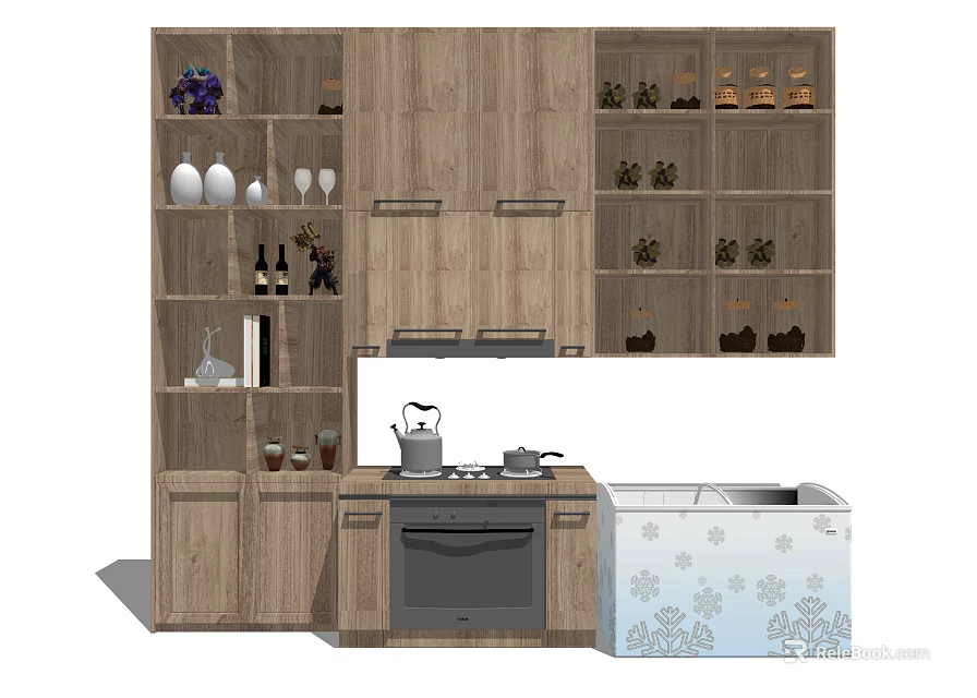 Wooden Kitchen Cabinets With Stove Kettle Vases And Wine Bottles Decor 3d model 