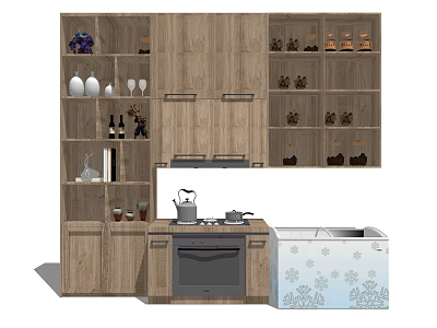 Wooden Kitchen Cabinets With Stove Kettle Vases And Wine Bottles Decor 3d model
