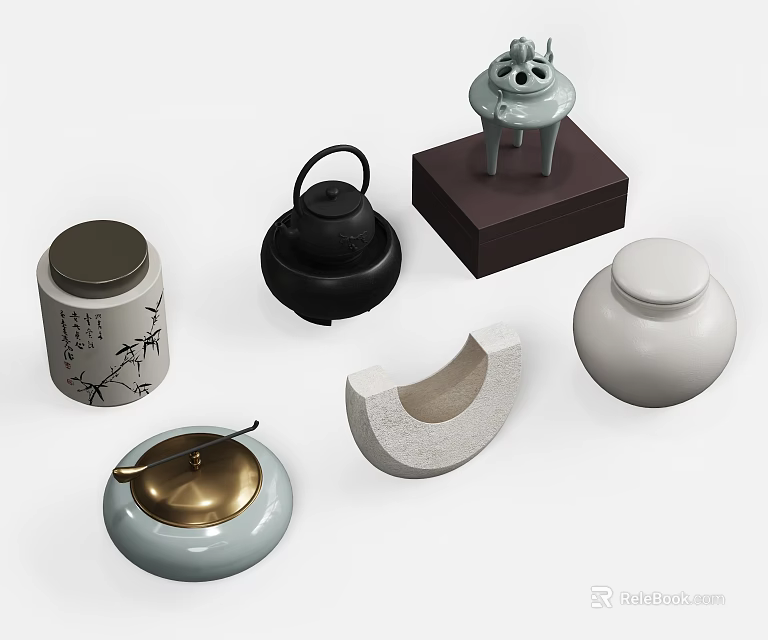 Traditional Ornament Decoration Set With Ceramic Jars Bronze Incense Burner And Semi Circular Decor 3d model 