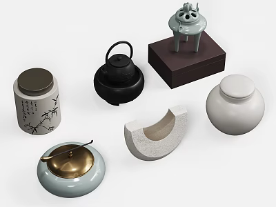 Traditional Ornament Decoration Set With Ceramic Jars Bronze Incense Burner And Semi Circular Decor 3d model