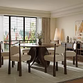 Round Wooden Dining Table Set With Six Upholstered Chairs Floor Lamp Rug And Window Blinds