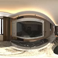Modern Luxury Living And Dining Room With Black Leather Sofa And Green Marble Coffee Table