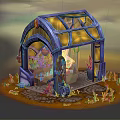 Cartoon Scene Blue Arched Glass Greenhouse With Interior Plants Yellow Fallen Leaves And Stone Pathway