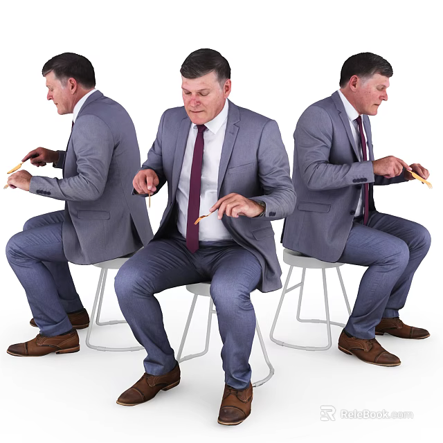 Men in Gray Suits White Shirts Red Ties Sitting on White Stools Holding Yellow Objects 3d model 
