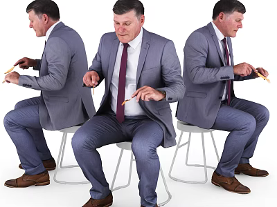 Men in Gray Suits White Shirts Red Ties Sitting on White Stools Holding Yellow Objects 3d model