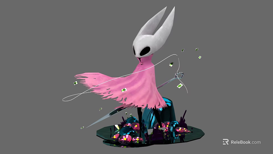 White Eared Figure In Pink Cloak With Glowing Fragments And Dark Creatures 3d model 