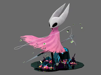White Eared Figure In Pink Cloak With Glowing Fragments And Dark Creatures 3d model