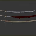 Three Traditional Bladed Weapons With Wooden Handles And Red Silver Blades On