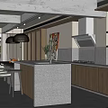 Modern Restaurant Interior With Rattan Pendant Lights Open Kitchen Marble Island And Green Plants